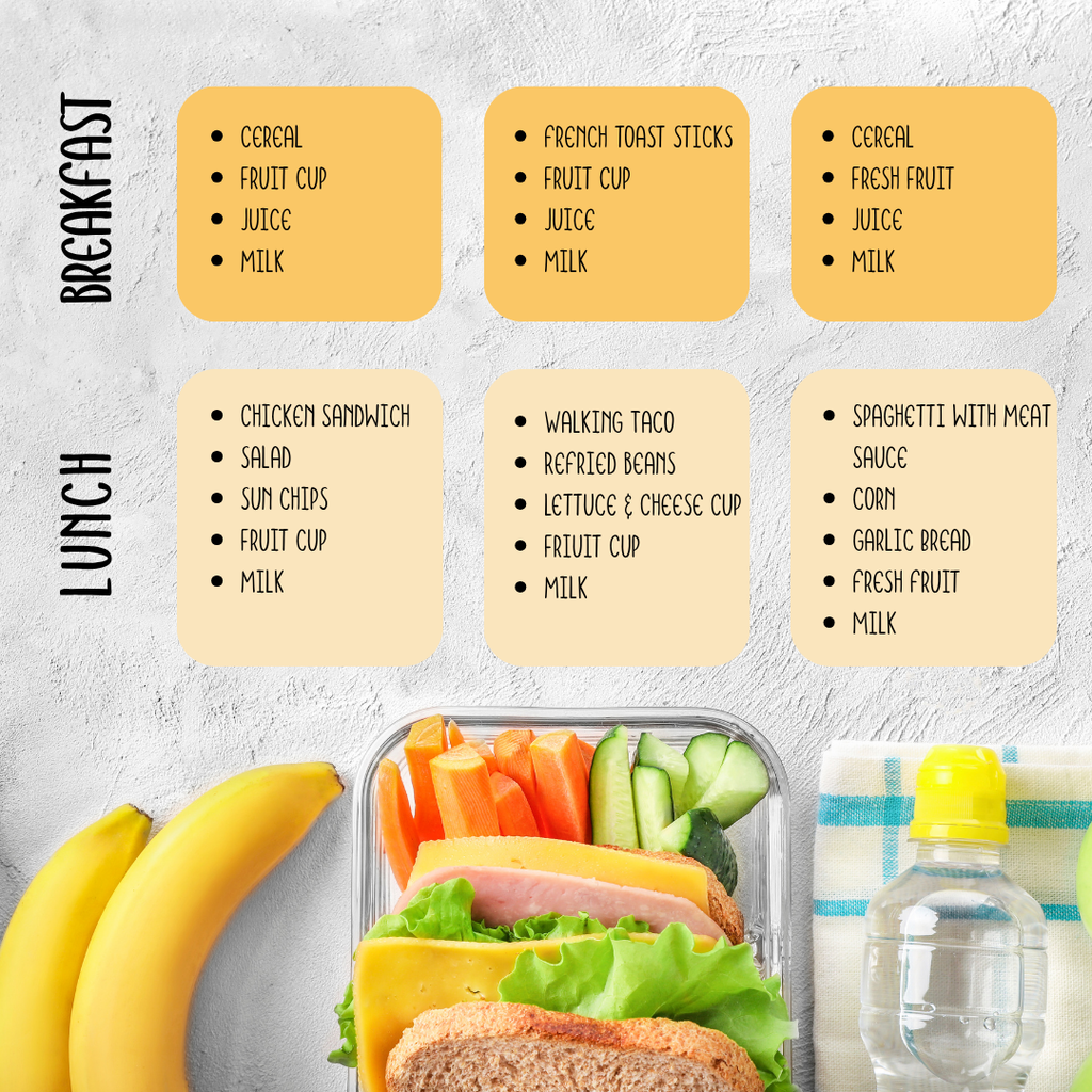 First-week school breakfast and lunch menu for August 26–28, featuring chicken sandwich, walking taco and spaghetti lunches.
