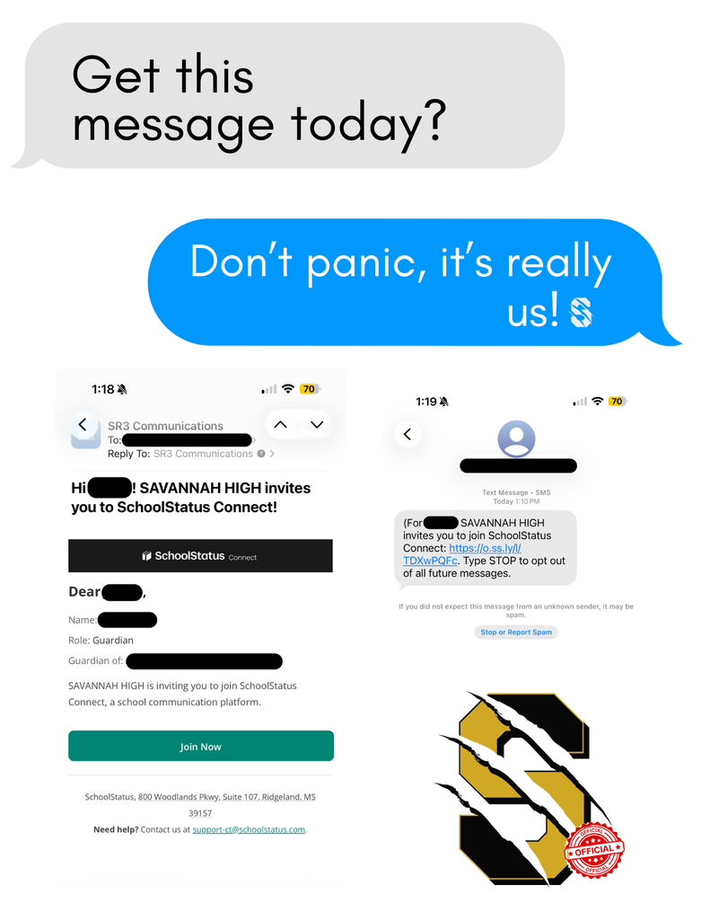 Graphic confirms SchoolStatus Connect email and text invitations sent today are legitimate Savannah R3 messages.