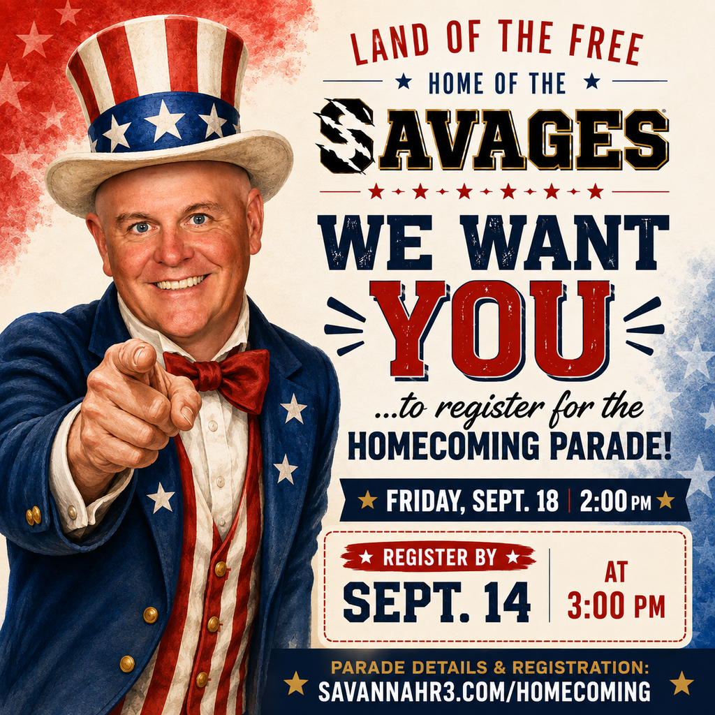 Patriotic Homecoming graphic featuring Dr. Hansen dressed as Uncle Sam pointing at the viewer. Savannah Homecoming Parade is Sept. 18 at 2 p.m. Register by Sept. 14 at 3 p.m.
