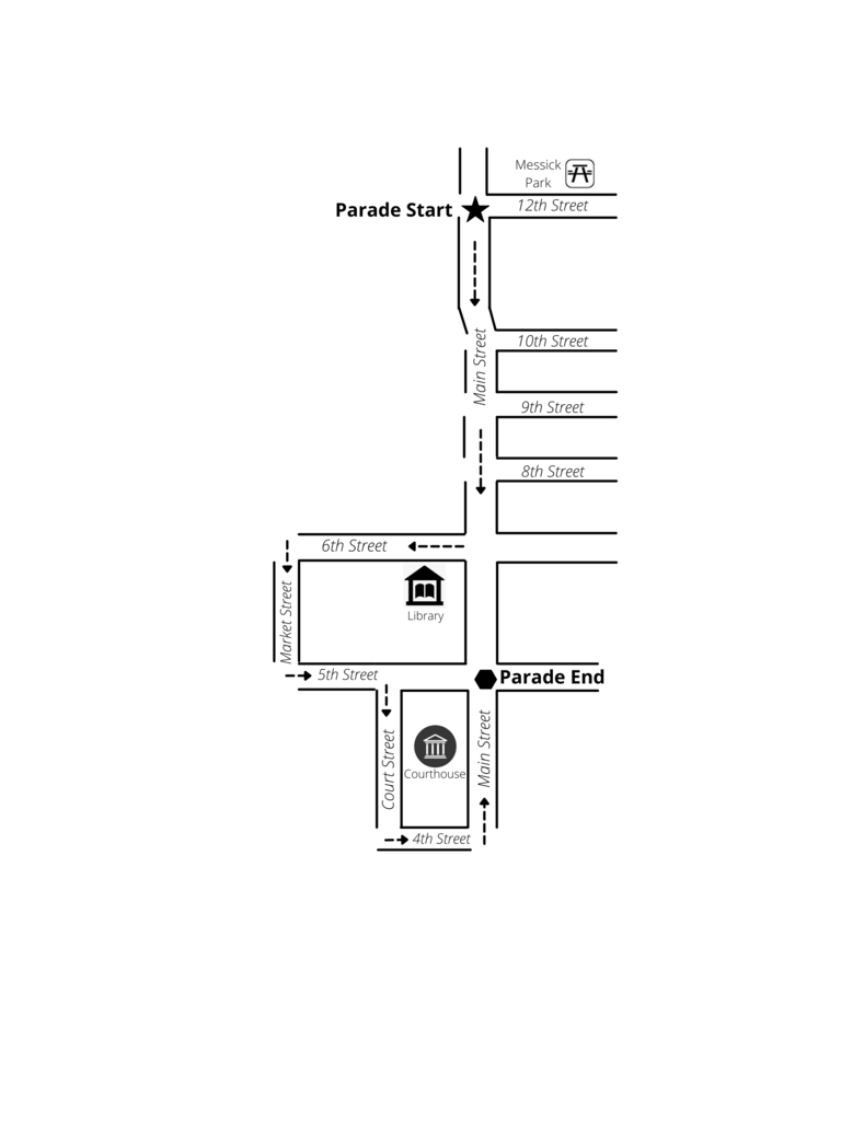Homecoming parade route begins near Messick Park at 12th and Main, travels south on Main and through downtown, ending near 5th and Main.
