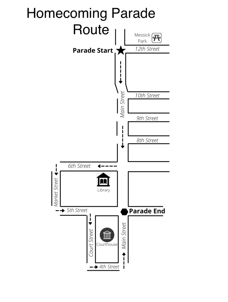 Savannah Homecoming Parade route map. The parade begins at Messick Park, travels south through downtown Savannah and ends on Main Street near 5th Street.