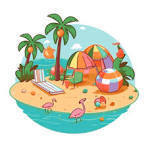 island with beach chair and tents