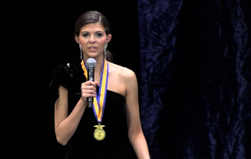 Savannah Griffin responds to her interview question at the Miss FFA pageant.