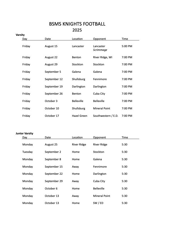 BSMS Knights Football Schedule