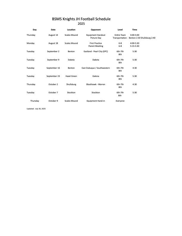 BSMS Knight Junior High Football Schedule