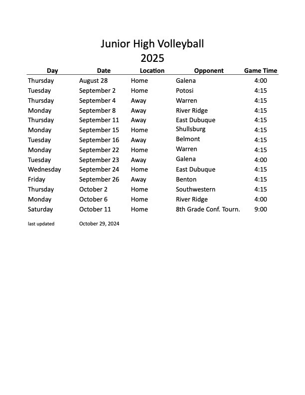 Junior High Volleyball Schedule