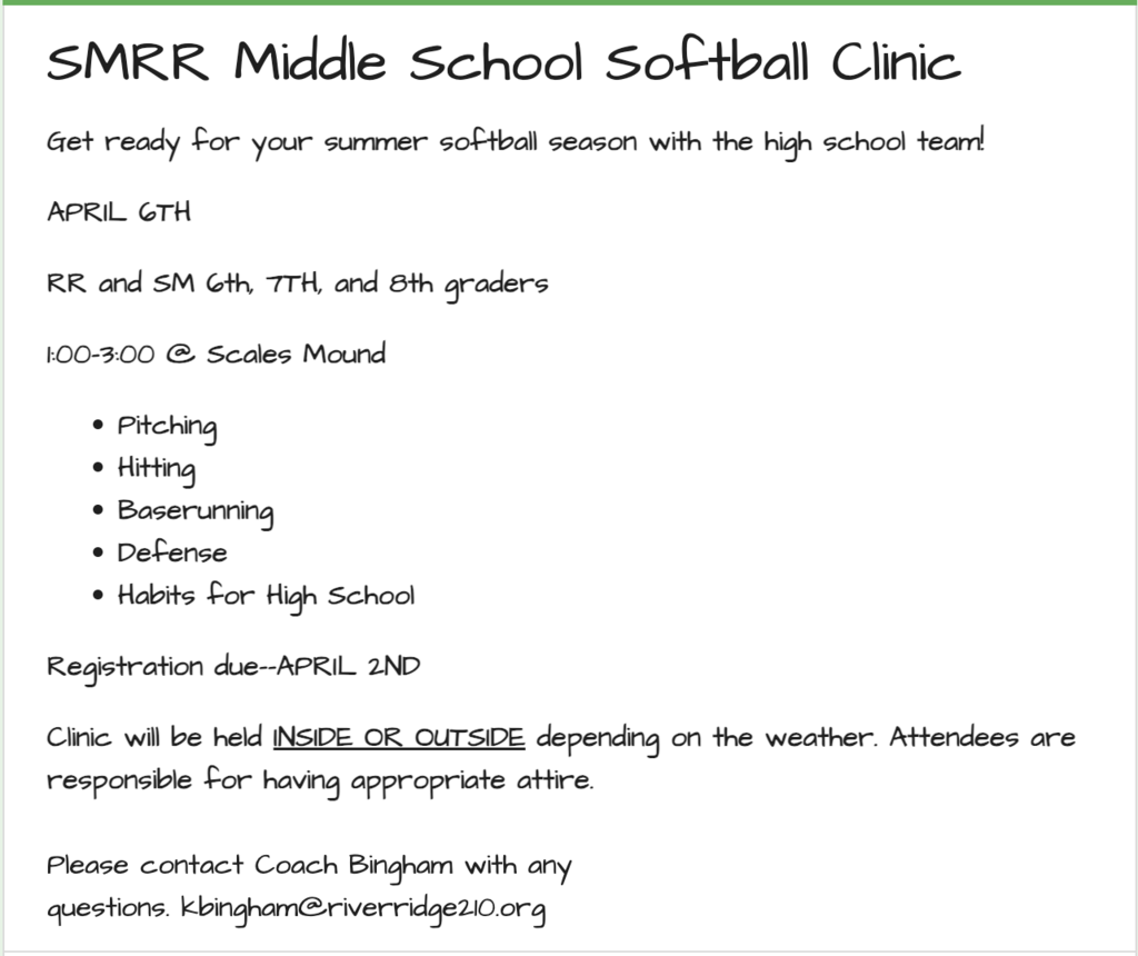 SMRR Middle School Softball Clinic Sign Up