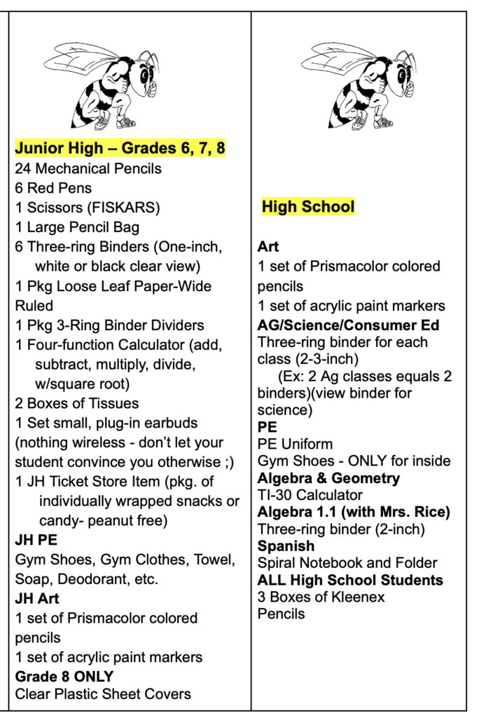 JH Supply List