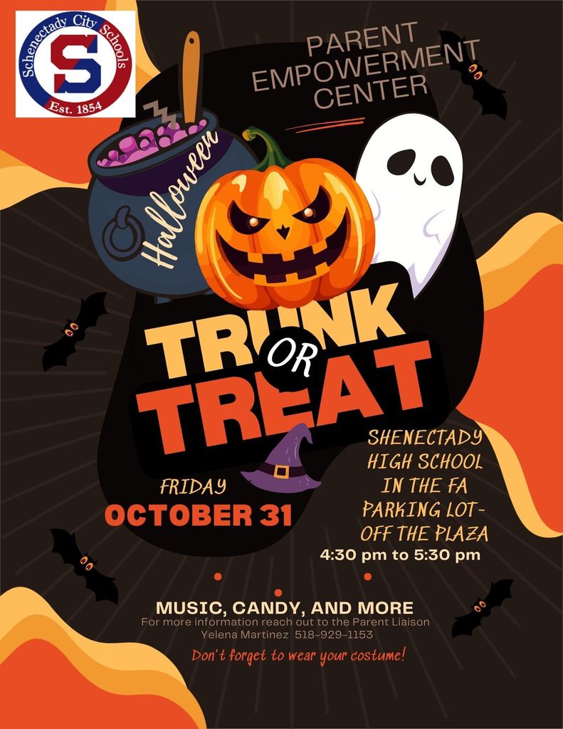 Trunk & Treat Flyer Parent Empowerment Center presents Trunk or Treat Schenectady High School FA parking Lot 4:30-5:30pm Halloween October 31st