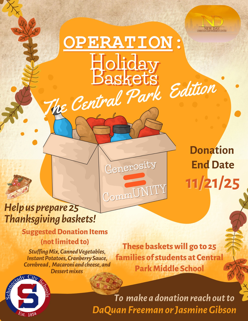 Operation :HOLIDAY BASKETS!!  Central Park Edition. A partnership between CPMS & New Day Christian Empowerment Center to donate Thanksgiving Baskets to 25 families in the SCSD!!!!  Special Thanks to  RP Specialist -Daquan Freeman  Student & Engagement Specialist - Jasmine Gibson Pastors Marc & Amanda Thompson  &  The New Day CEC Congregation.