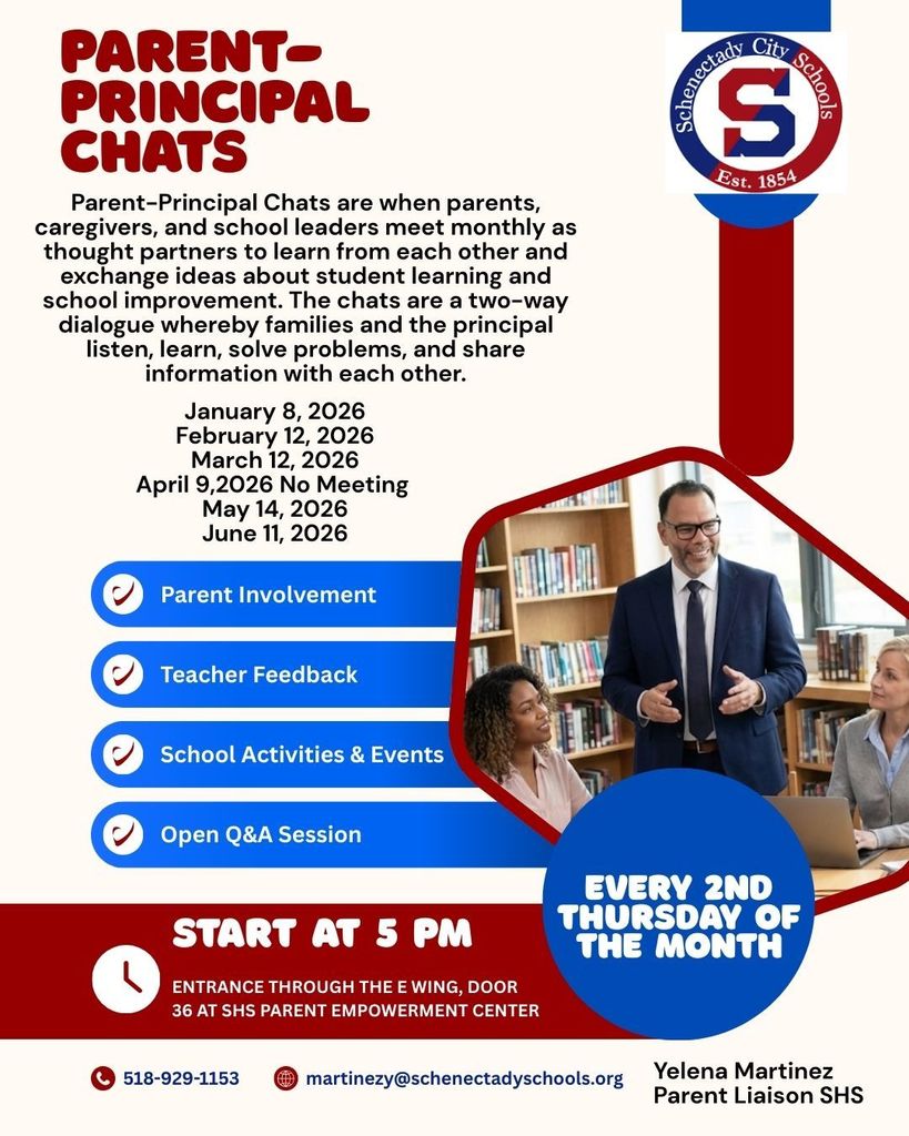 Parent-Principal Chats are when parents, caregivers, and school leaders meet monthly as thought partners to learn from each other and exchange ideas about student learning and school improvement. The chats are a two-way dialogue whereby families and the principal listen, learn, solve problems, and share information with each other.