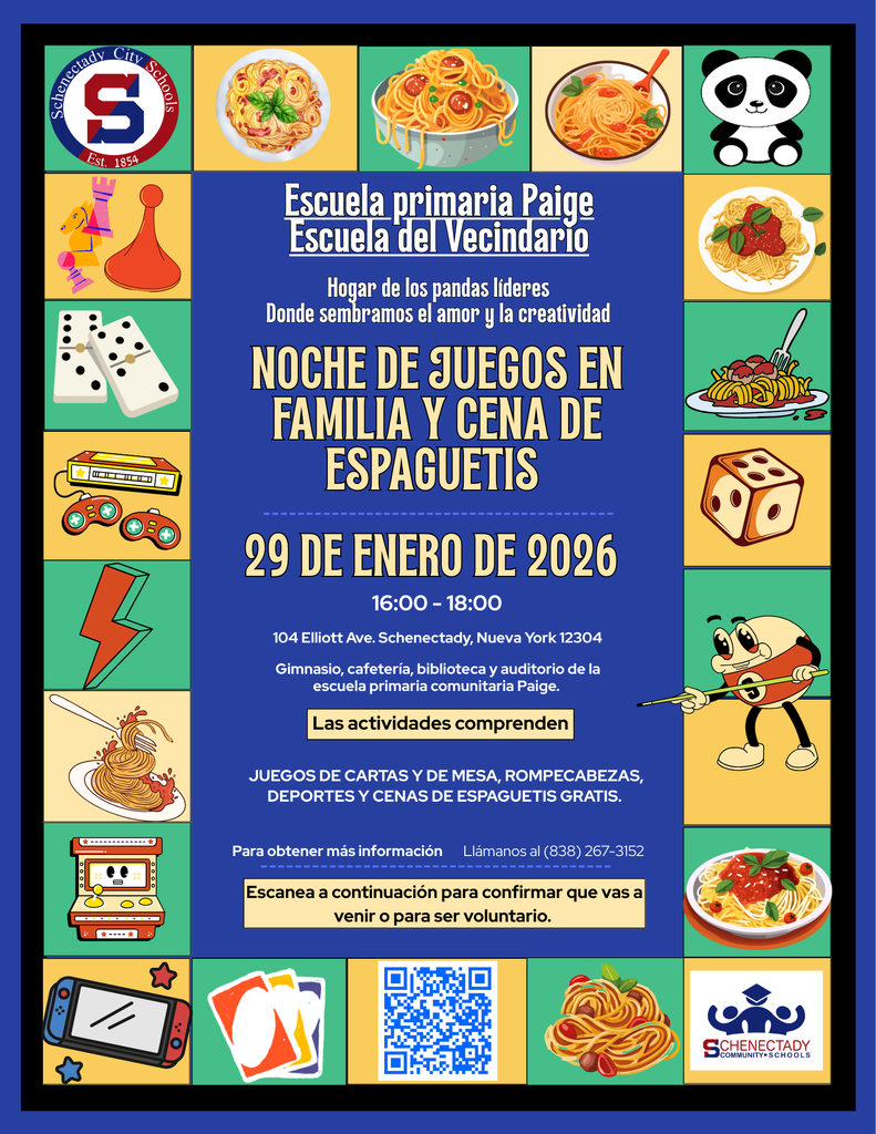 Paige Elementary School Family Game Night and Spaghetti Dinner January 29th 