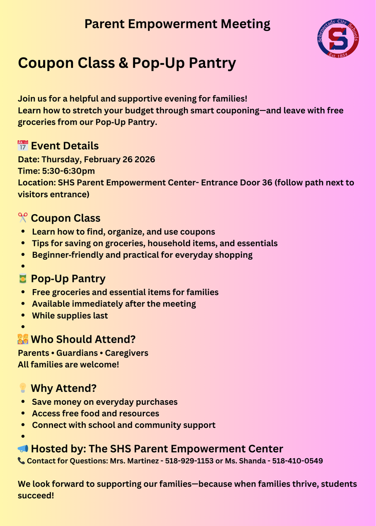 Join us for a helpful and supportive evening for families! Learn how to stretch your budget through smart couponing—and leave with free groceries from our Pop‐Up Pantry.