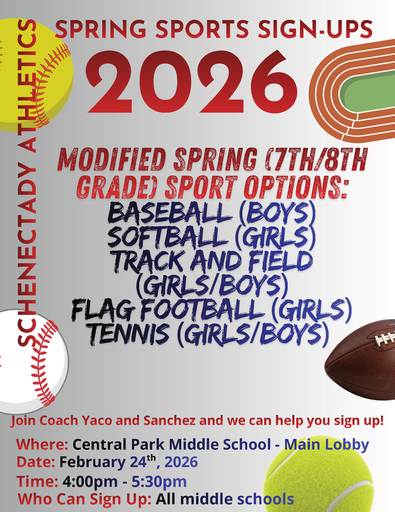 Attention 7th and 8th graders! It is time to get ready for the modified spring sports season. Check out our options for this year: ⚾ Baseball (Boys) 🥎 Softball (Girls) 🏃 Track and Field (Girls/Boys) 🏈 Flag Football (Girls) 🎾 Tennis (Girls/Boys) Join Coach Yaco and Coach Sanchez in the lobby to get registered! 📍 Where: Central Park Middle School – Main Lobby 📅 Date: February 24th, 2026 🕓 Time: 4:00 PM – 5:30 PM 👥 Who Can Sign Up: All middle school students We hope to see you there! Let’s make it a great season! 🏆✨