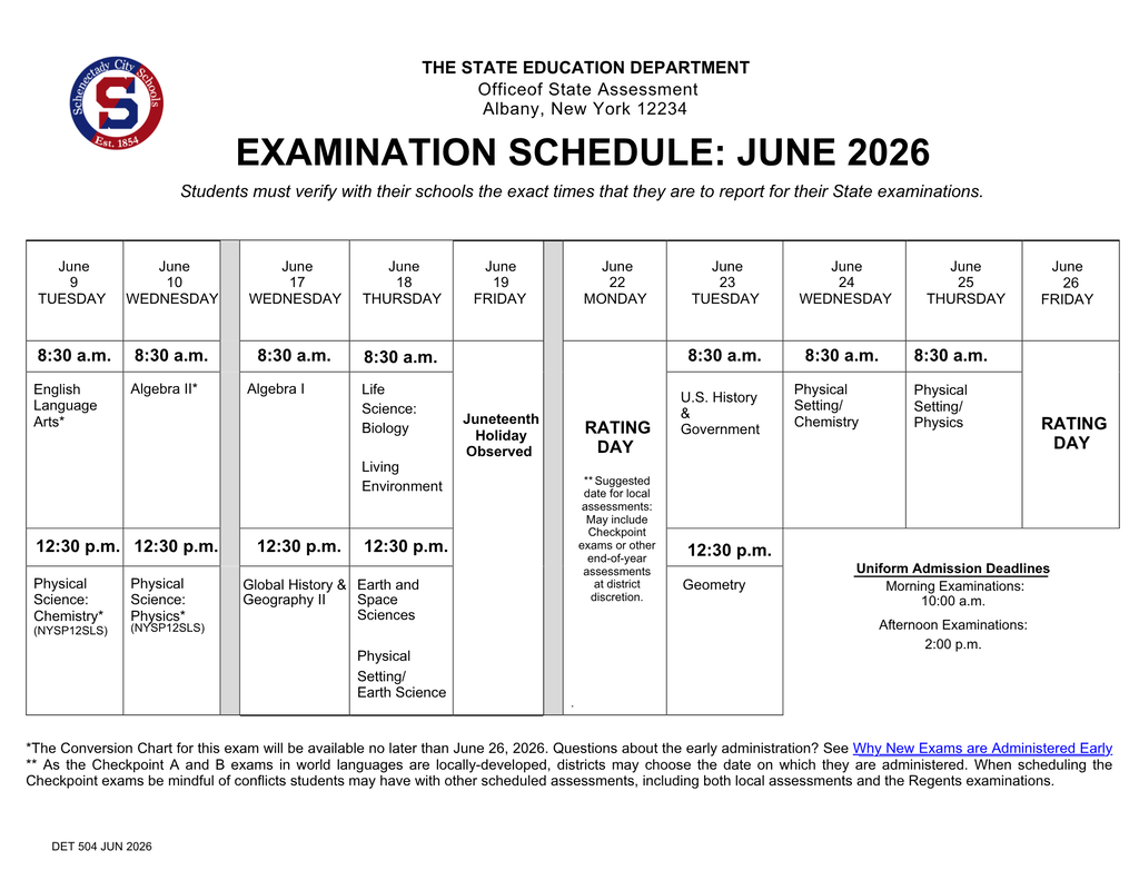 SHS Regents Exam Schedule