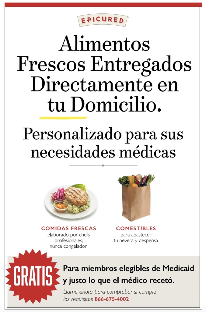 Flyer:  Epicured Fresh Food Delivered Right to Your Door (Spanish)
