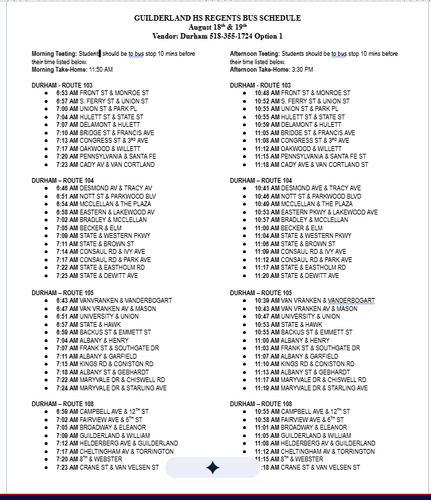 August Regents Guilderland Transportation