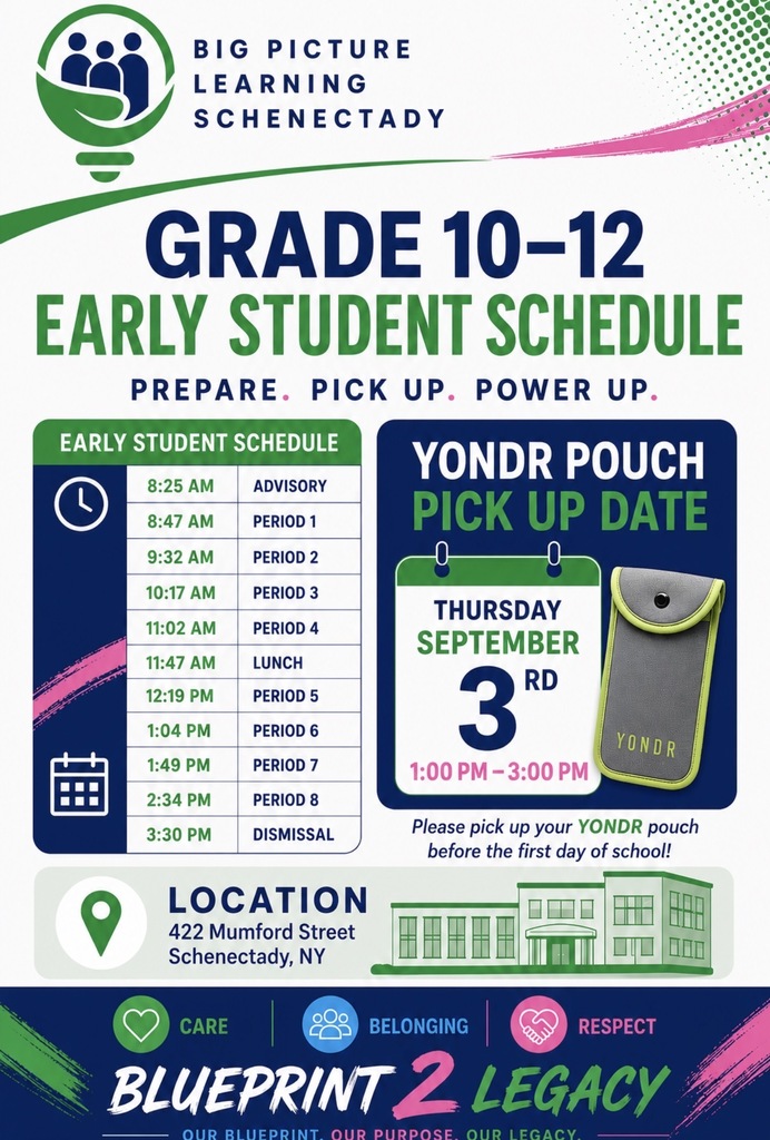 Flyer:  Big Picture Students pick up Yondr pouch on September 3 between 1-3 p.m.