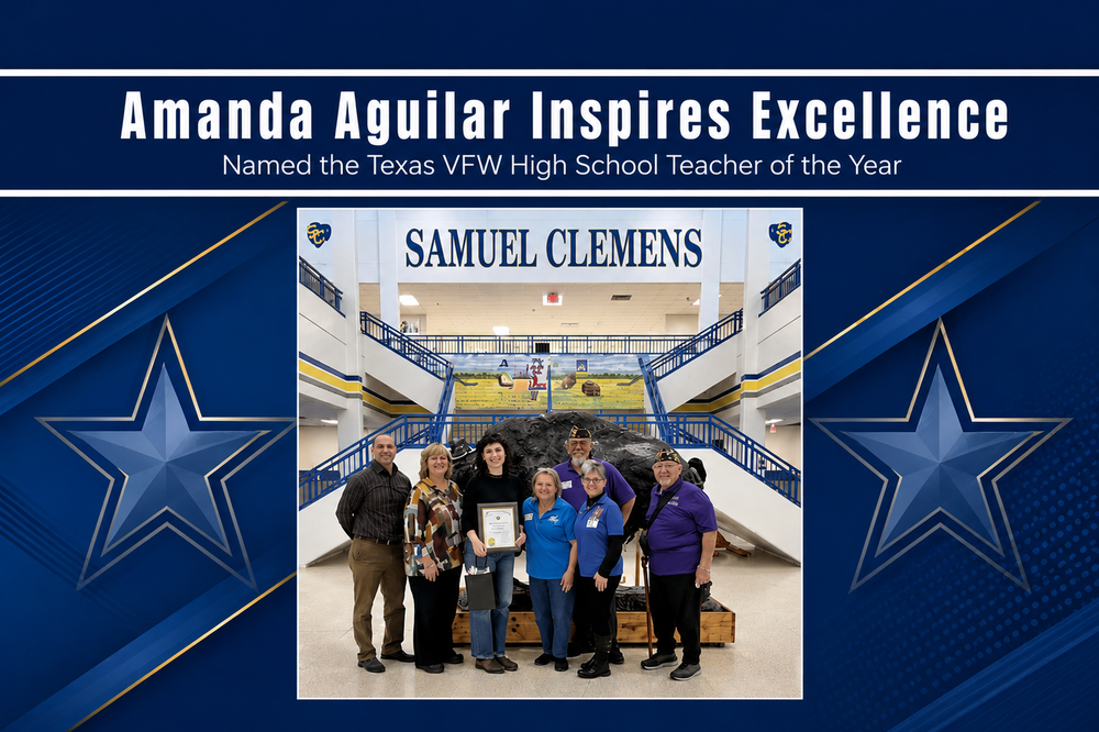 Amanda Aguilar stands with VFW members and school staff at Samuel Clemens High School after being named the Texas VFW High School Teacher of the Year.