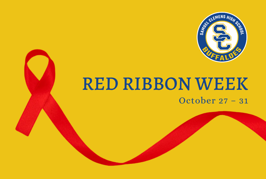 a flowing, red ribbon over a yellow background. circular logo in top  reads  "samuel clemens buffaloes." centered blue text reads "red ribbon week, october 27–31"