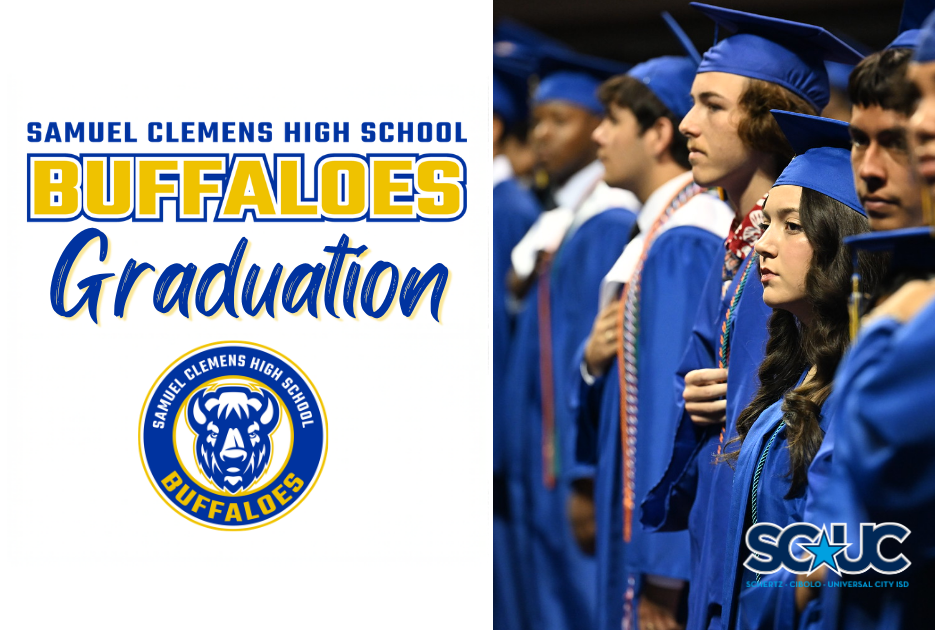 A graduation graphic for Samuel Clemens High School featuring students in blue caps and gowns standing during a graduation ceremony. The students are shown in profile, facing forward in a formal moment during the event. The left side of the graphic includes the text “SAMUEL CLEMENS HIGH SCHOOL BUFFALOES Graduation” above the Clemens Buffaloes logo. The SCUC ISD logo appears in the bottom right corner. The background is softly blurred, emphasizing the graduates and the ceremony atmosphere.