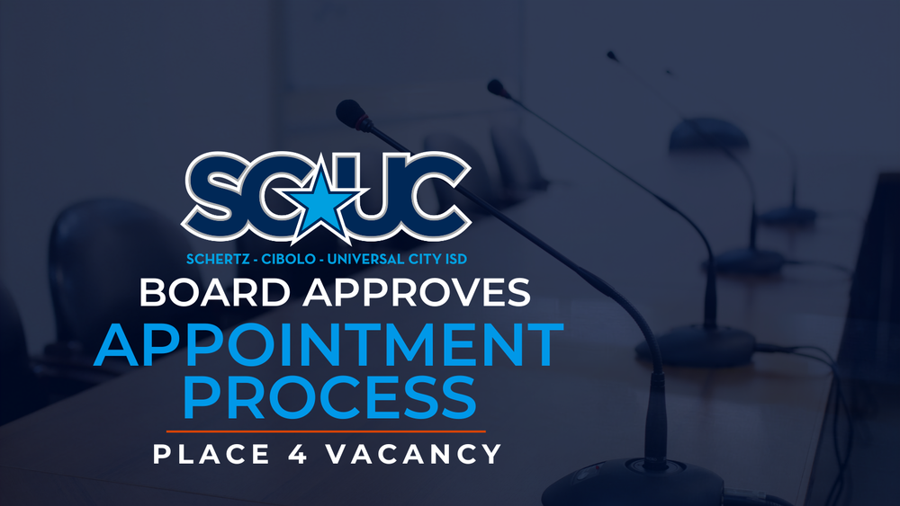 SCUC ISD Board approves appointment process for Place 4 vacancy. Microphones and empty chairs appear in the background.