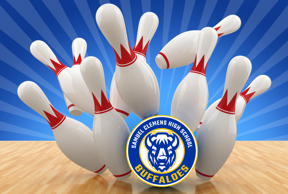 image of a series of bowling pins being struck by the clemens buffaloes logo, flying in different directions