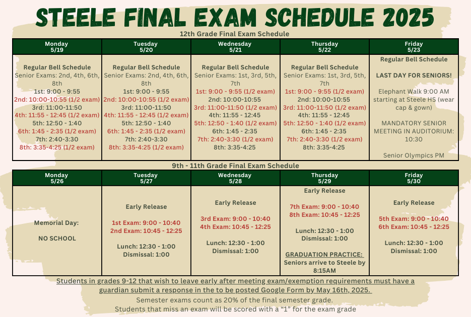 Final Exam Schedule 2025 Byron P Steele II High School