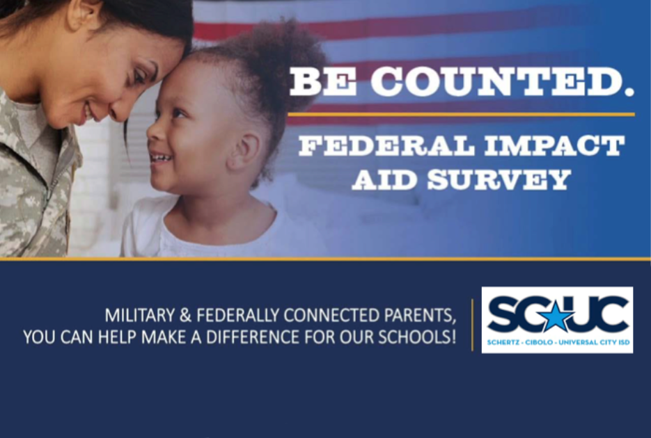 a female solider in camouflage fatigues lovingly bumps her forehead against a girl's forehead as they smile at each other. behind them is a us flag. text overlay reads "be counted. federal impact aid survey. military & federally connected parents, you  can help make a difference for our schools!" the scucisd logo is in bottom right.