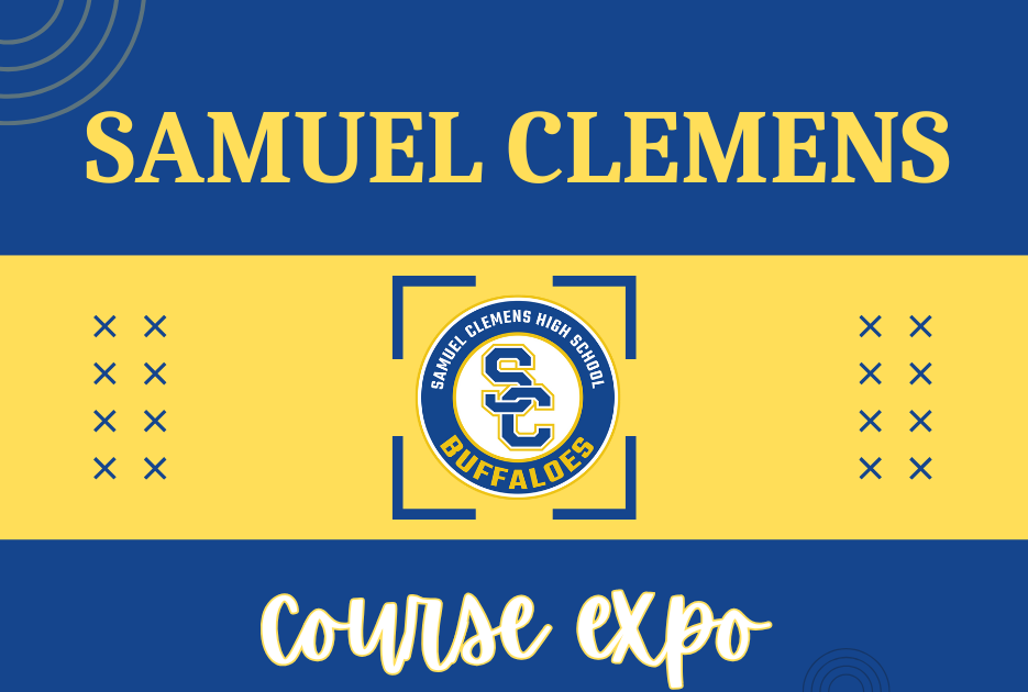 blue rectangle divided by a yellow band, decorated with 16 Xs and a segmented square at center. logo in center reads "samuel clemens high school buffaloes" with text above yellow band reading "samuel clemens" in a yellow, serif font; below yellow band, "course expo" in a white, scriptive font