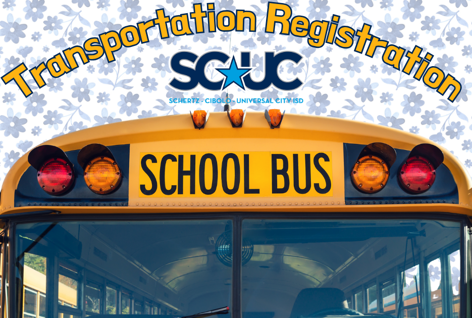 front view of yellow school bus before faded blue flowery background with overlaid text reading "transportation registration" with scuc isd logo centered above school bus
