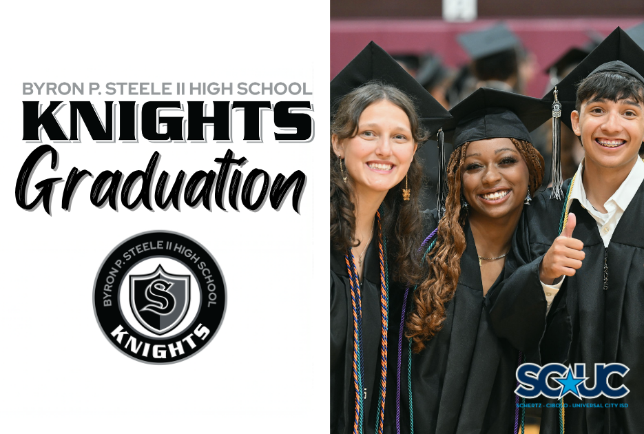 A promotional graphic for Byron P. Steele II High School graduation featuring three smiling graduates in caps and gowns posing together at a graduation ceremony. One student gives a thumbs-up while all three face the camera. The left side of the graphic includes the text “BYRON P. STEELE II HIGH SCHOOL KNIGHTS Graduation” above the Steele Knights logo. The SCUC ISD logo appears in the bottom right corner. The background shows additional graduates and ceremony attendees slightly blurred behind the students.
