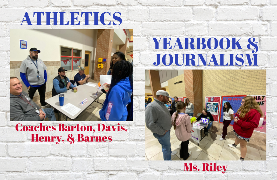 Athletics, yearbook, and journalism teachers, parents, and students at the course expo night