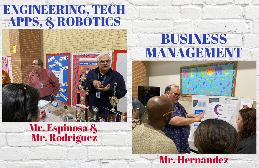 Engineering, tech apps, robotics, and business management teachers, parents, and students at the course expo night