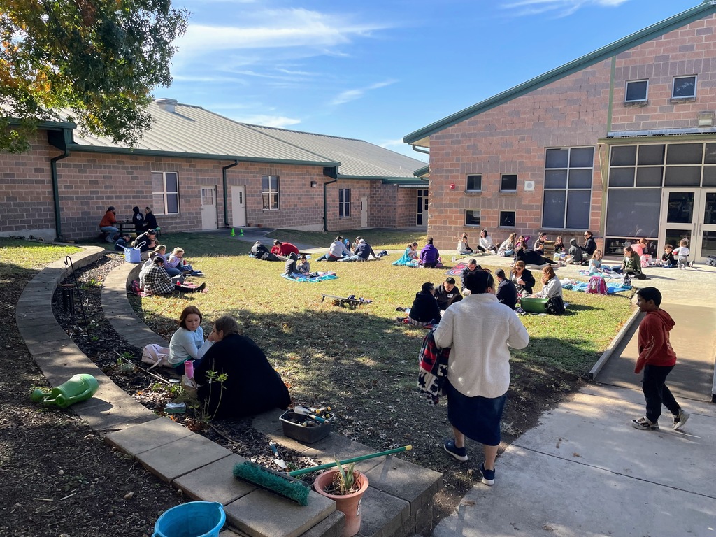 students and loved ones having a picnic style lunch at school.