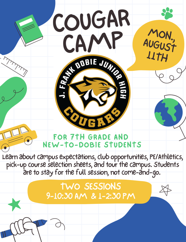 Cougar Camp Monday, August 11th. 9-10:30am or 1-2:30pm