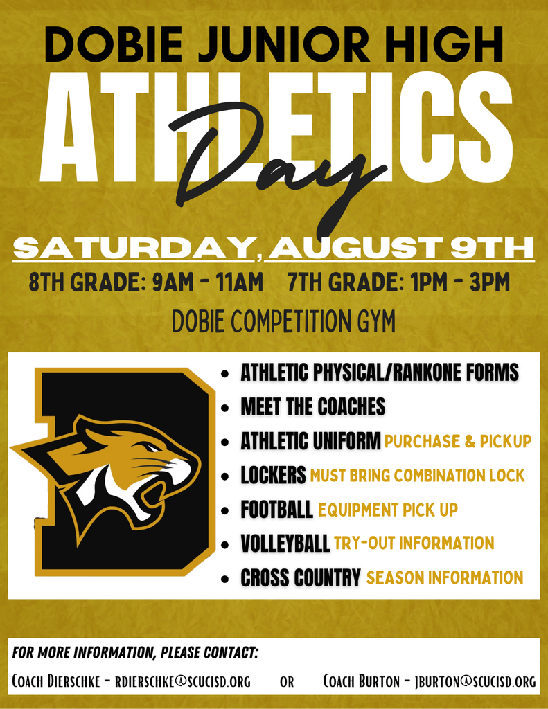 Saturday, August 9th. 8th grade 9-11am, 7th grade 1-3pm. Meet the coaches, purchase/pick up uniforms, football equipment pick up, volleyball try out information, and cross country season information.