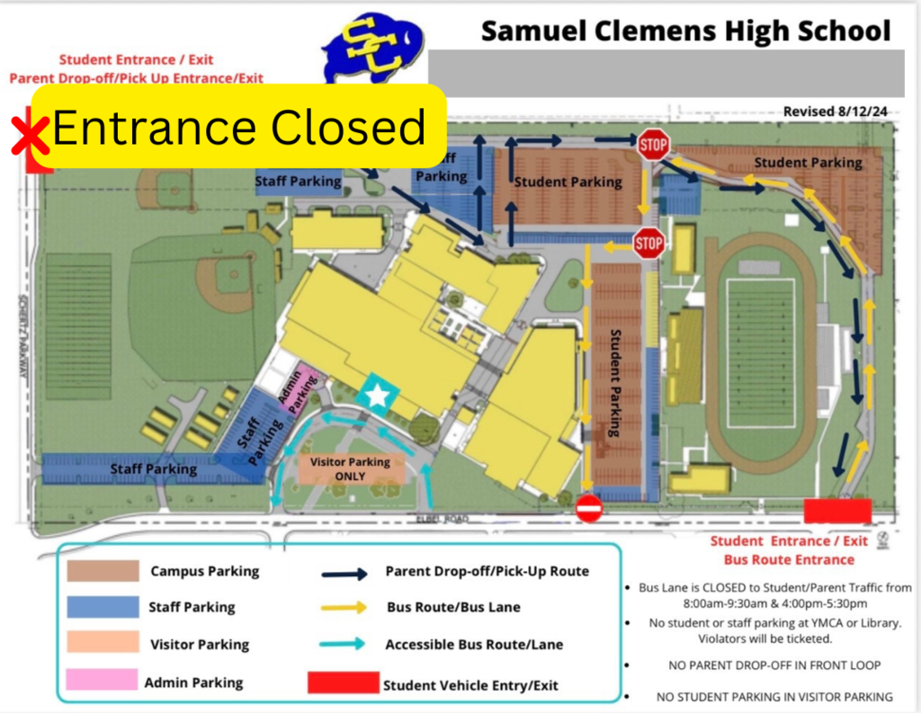 overhead map of samuel clemens high school, with front of school facing south by southeast. text highlights the schertz parkway entrance near civic center & police station will be closed. all traffic should enter/exit from elbel road entrance near stadium & post office.