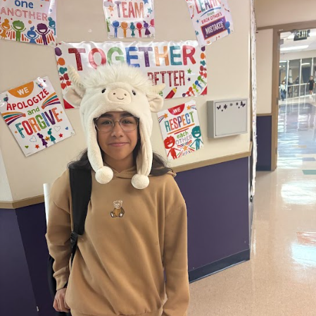 Wilder student wearing a lamb beanie