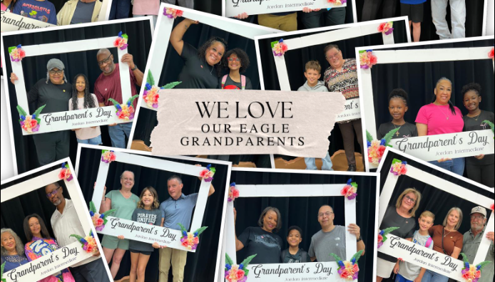 a collage photo of grandparents and their student for the grandparents day breakfast