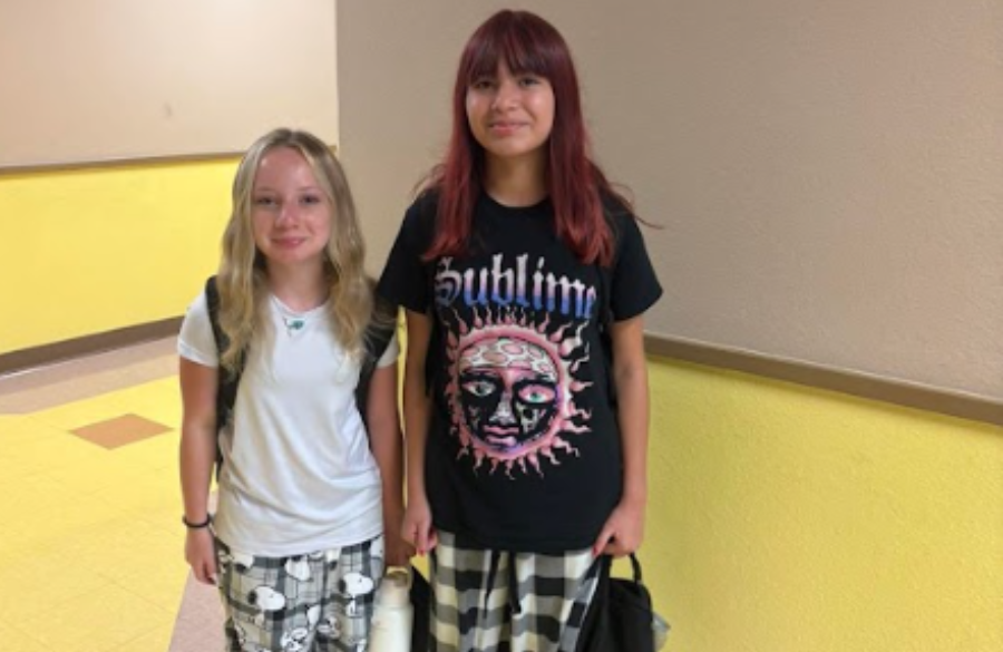 6th grade students in hallway wearing pajamas