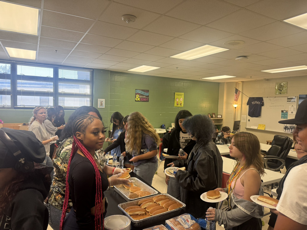students lined up to get food