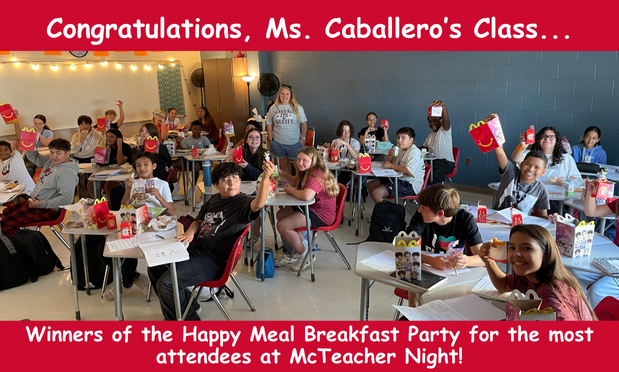 Students holding up McDonald's breakfast items in a classroom