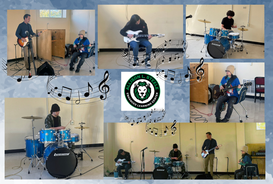 students and their teacher playing music as a band 