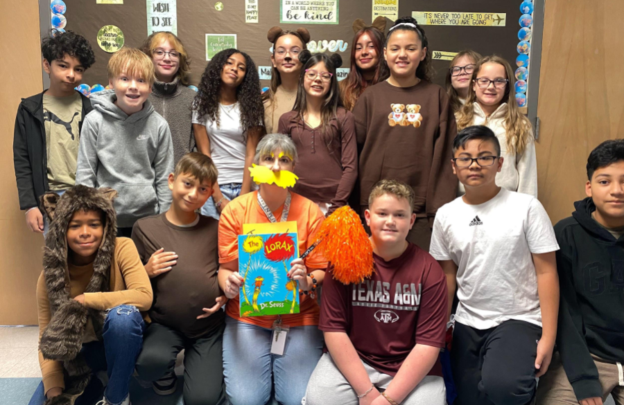 picture of Mrs. Hepburn's class dressing together with The Lorax theme