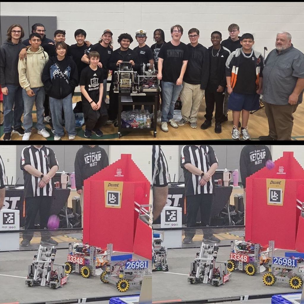 Picture of the team. A robot shoots a ball into a goal.