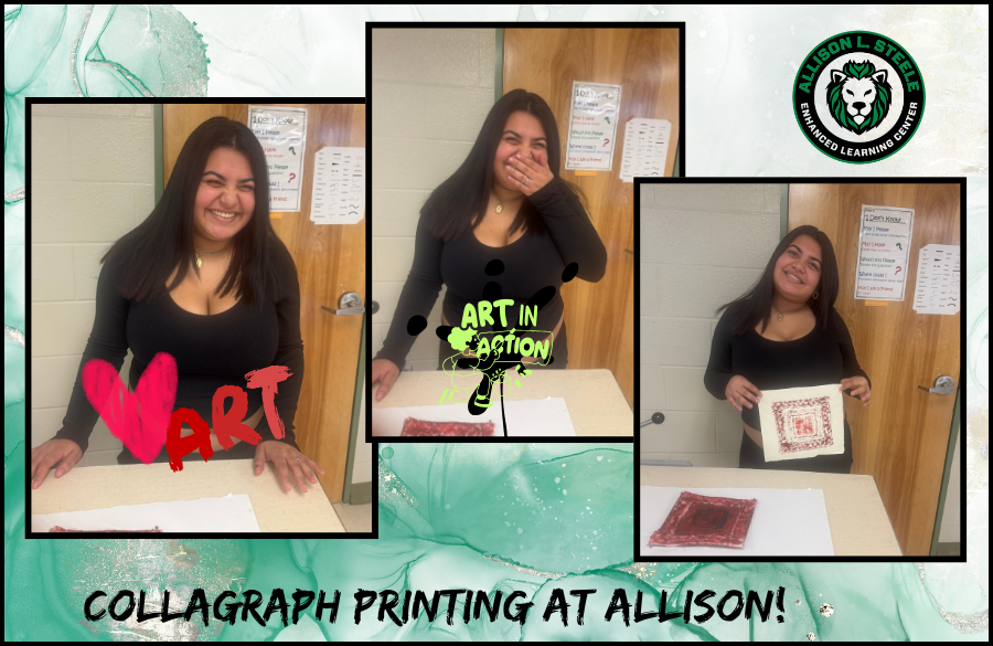 collage of three pictures of a student showing her artwerk