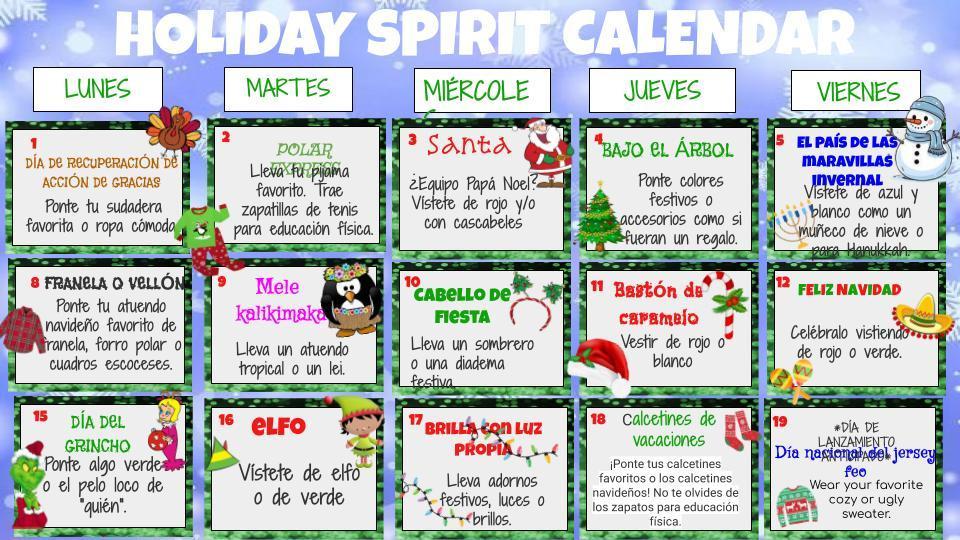 December Dress Up Calendar Spanish