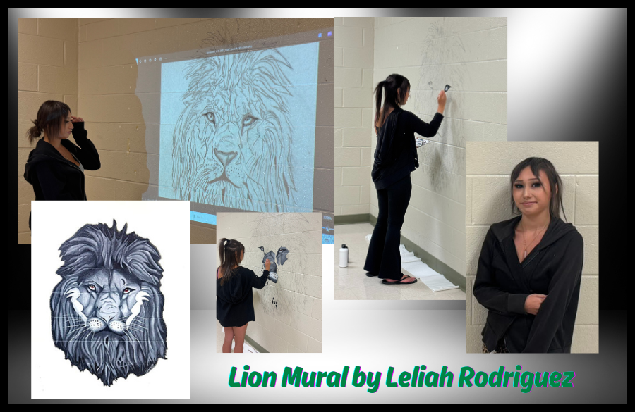 female student artist posing for pictures painting a lion mural