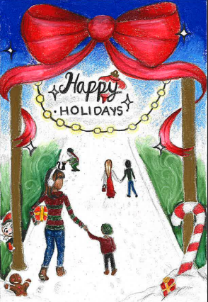 8th grade runner up: children on a snowy path under a bow banner